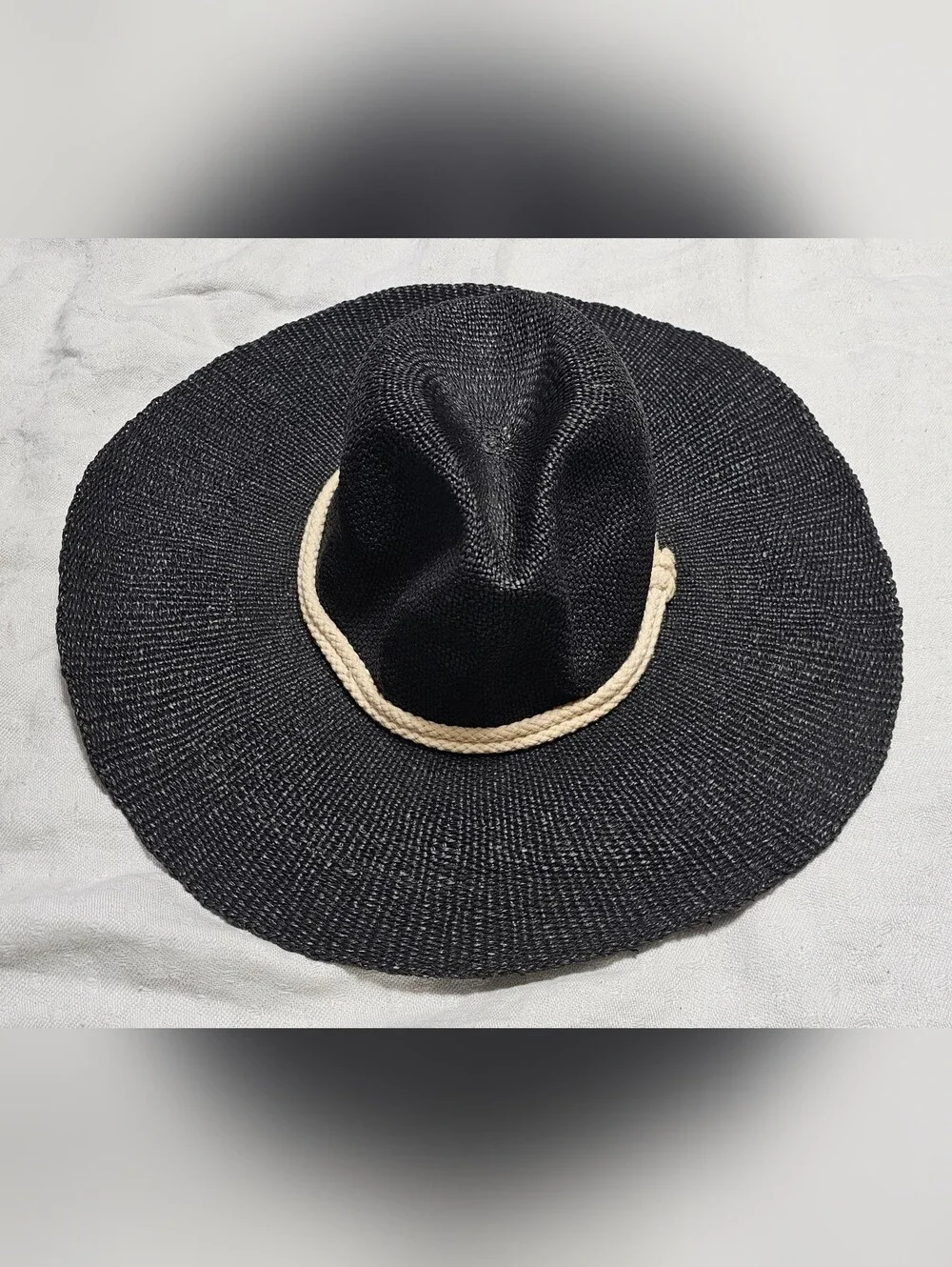 Free People Black Straw Paper Woven Sun Hat Wide Brim Rope Accent Beach One Size